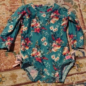 Ruffle Butts Teal Floral Long-Sleeve One-Piece Swimsuit